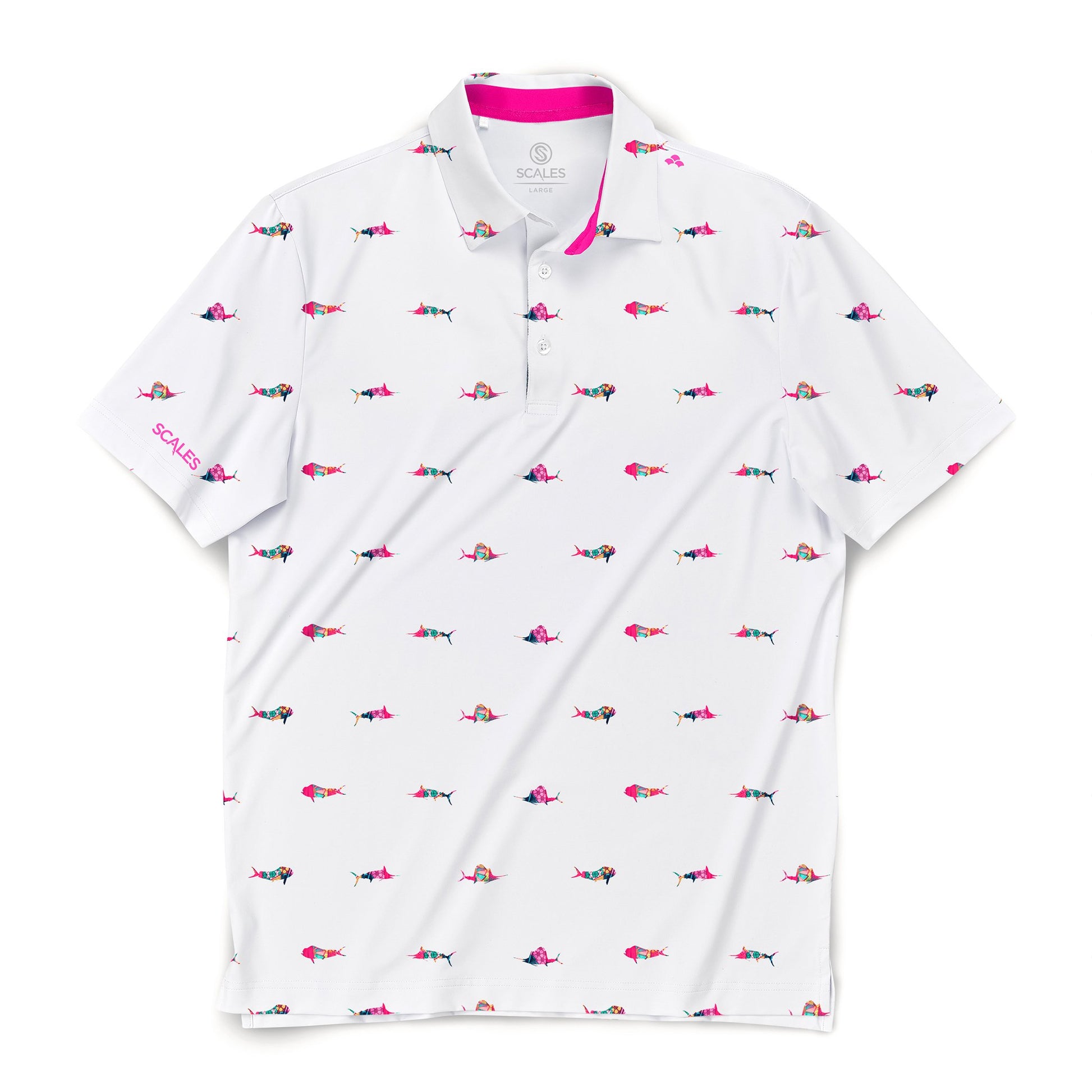 Scales Men's Trippy Fish Golf Polo, Large, Powder Blue